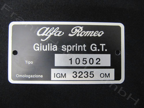 Typenschild Blech 105.02, Giulia Sprint GT